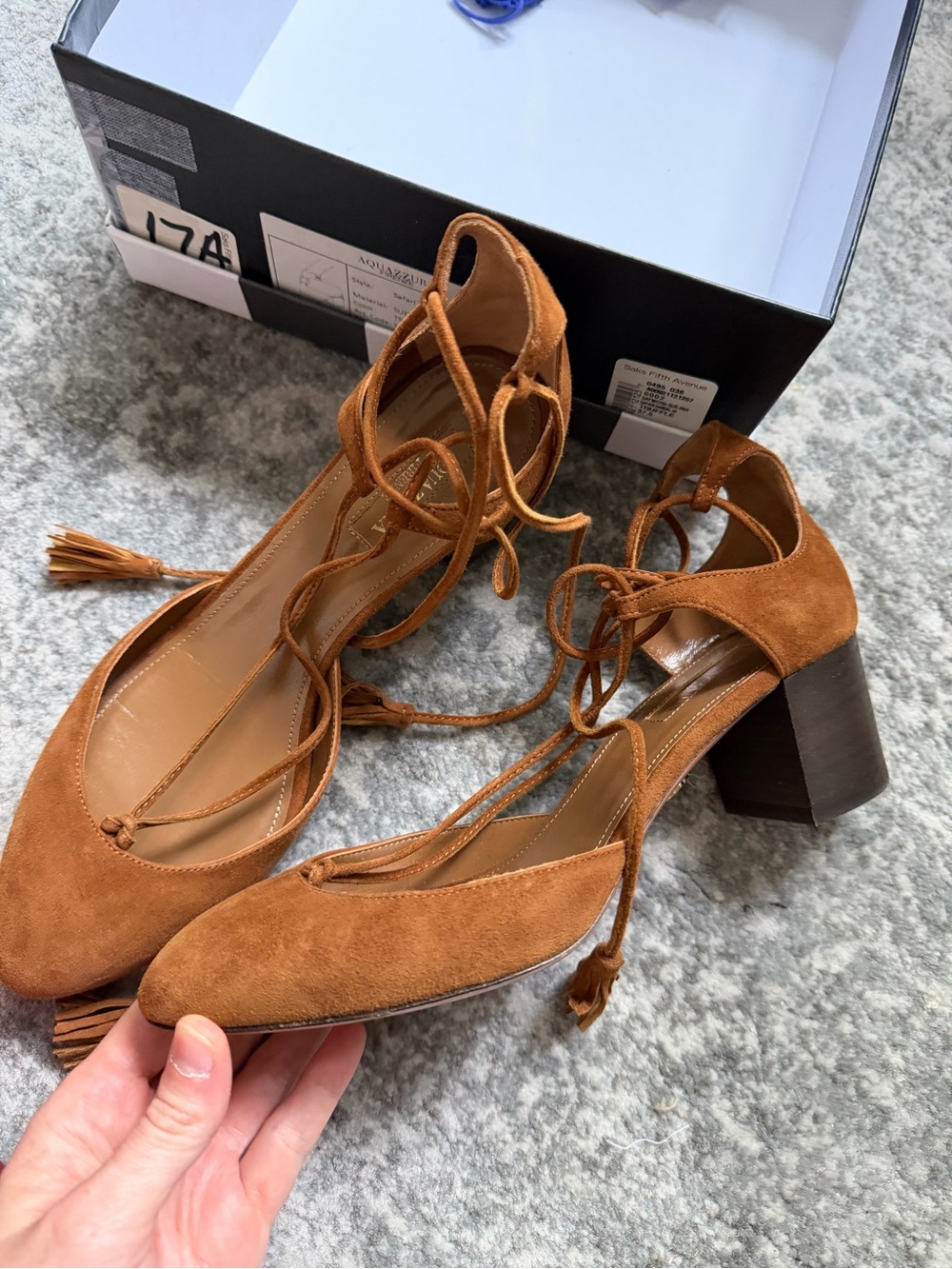 Aquazzura Suede Lace-Up Block Heel Pumps in Camel Brown